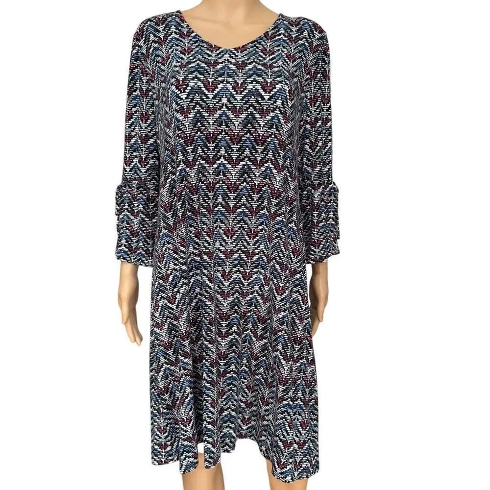 Chico’s Knit Trapeze Dress in Cool Multi Blue White Mauve Sz 1 / M / 8-10